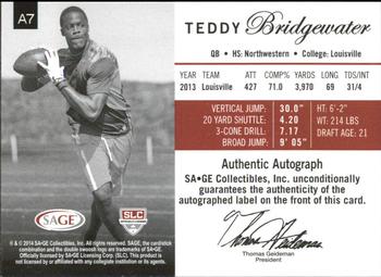 2014 SAGE Autographed #A7 Teddy Bridgewater Back