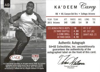 2014 SAGE Autographed #A9 Ka'Deem Carey Back