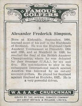 1928 Churchman's Famous Golfers 2nd Series (Large) #9 Alexander Simpson Back