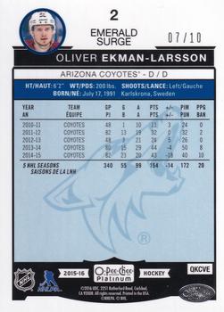 2015-16 O-Pee-Chee Platinum - Emerald Surge #2 Oliver Ekman-Larsson Back