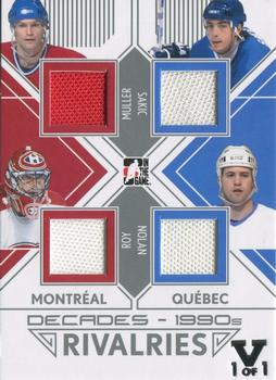 2015-16 In The Game Final Vault - 2013-14 In The Game Decades 1990s Rivalries Quad Jerseys Silver (Silver Vault Stamp) #R-07 Kirk Muller / Patrick Roy / Joe Sakic / Owen Nolan Front