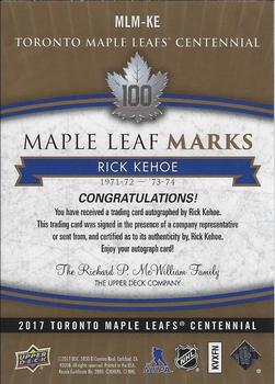 2017 Upper Deck Toronto Maple Leafs Centennial - Maple Leaf Marks #MLM-KE Rick Kehoe Back