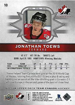 2017-18 Upper Deck Team Canada #10 Jonathan Toews Back