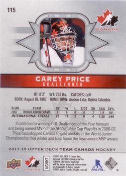 2017-18 Upper Deck Team Canada #115 Carey Price Back