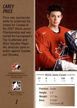 2007 In The Game Going For Gold #1 Carey Price Back