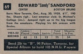 1952-53 Parkhurst #69 Ed Sandford Back