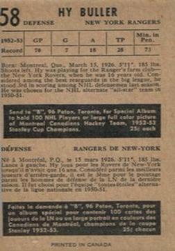 1953-54 Parkhurst #58 Hy Buller Back