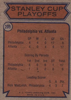 1974-75 Topps #209 Quarterfinals (Flyers vs. Flames) Back