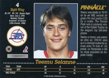 1993-94 Pinnacle Canadian #4 Teemu Selanne Back