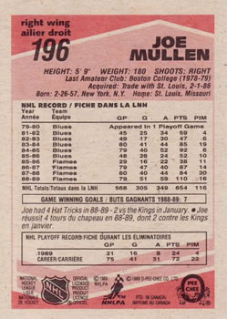 1989-90 O-Pee-Chee #196 Joe Mullen Back