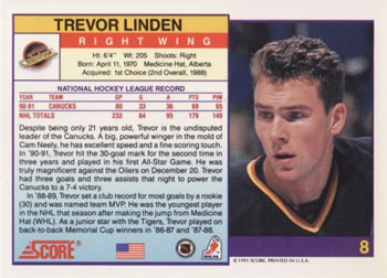 1991-92 Score American #8 Trevor Linden Back