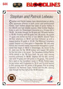 1991-92 Upper Deck #644 Stephan Lebeau / Patrick Lebeau Back