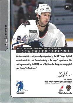 2000-01 Be a Player Signature Series - Autographs Gold #27 Ryan Smyth Back