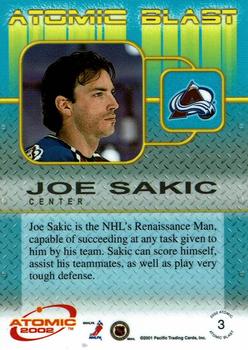 2001-02 Pacific Atomic - Atomic Blast #3 Joe Sakic Back
