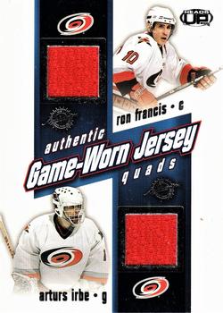 2002-03 Pacific Heads Up - Game-Worn Jersey Quads #6 Ron Francis / Arturs Irbe / Rod Brind'Amour / Jeff O'Neill Front