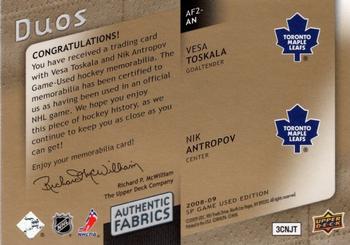 2008-09 SP Game Used - Authentic Fabrics Duos Patches #AF2-AN Vesa Toskala / Nik Antropov  Back