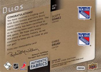 2008-09 SP Game Used - Authentic Fabrics Duos Patches #AF2-GD Scott Gomez / Chris Drury  Back