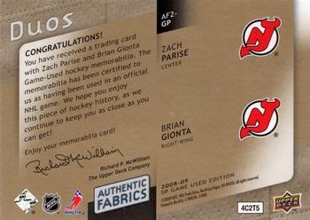 2008-09 SP Game Used - Authentic Fabrics Duos Patches #AF2-GP Brian Gionta / Zach Parise  Back