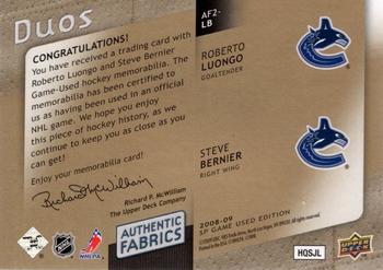 2008-09 SP Game Used - Authentic Fabrics Duos Patches #AF2-LB Roberto Luongo / Steve Bernier  Back