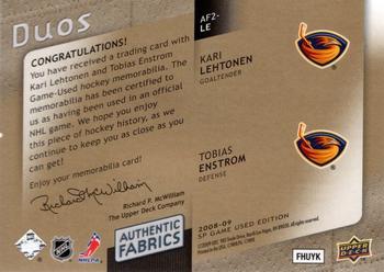 2008-09 SP Game Used - Authentic Fabrics Duos Patches #AF2-LE Kari Lehtonen / Tobias Enstrom  Back