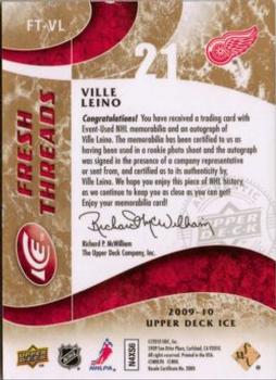 2009-10 Upper Deck Ice - Fresh Threads Patches Autographs #FT-VL Ville Leino  Back