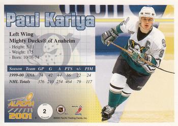 2000-01 Pacific Aurora #2 Paul Kariya Back