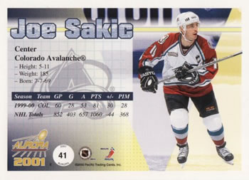 2000-01 Pacific Aurora #41 Joe Sakic Back