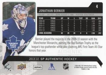 2013-14 SP Authentic #4 Jonathan Bernier Back
