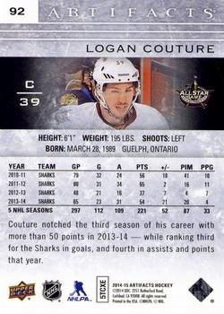 2014-15 Upper Deck Artifacts #92 Logan Couture Back