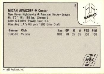 1989-90 ProCards AHL #6 Micah Aivazoff Back