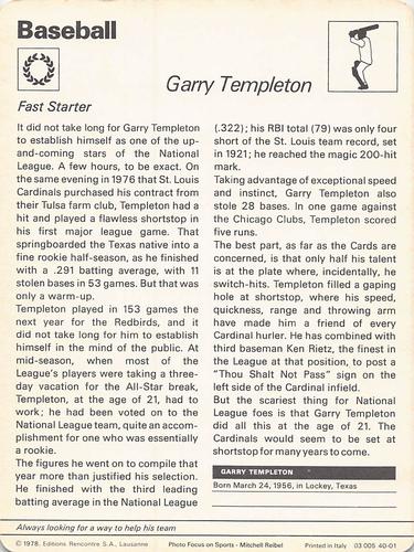 1977-79 Sportscaster Series 40 #40-01 Garry Templeton Back