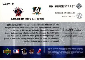 2002-03 UD SuperStars - City All-Stars Dual Jersey #GA/PK-C Garret Anderson / Paul Kariya Back