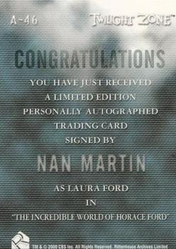 2002 Rittenhouse Twilight Zone Shadows and Substance Series 3 - Autographs #A-46 Nan Martin Back