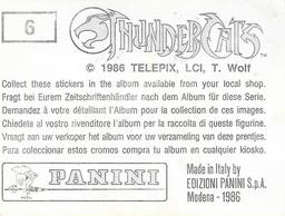 1986 Panini Thundercats Stickers #6 Sticker 6 Back