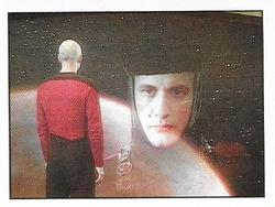 1987 Panini Star Trek: The Next Generation Stickers #38 Picard looking at image of Q on viewscreen Front