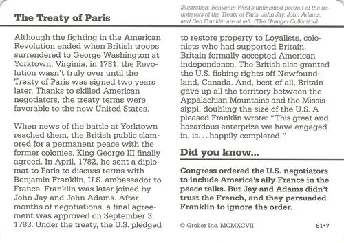 1994-01 Grolier Story of America #81.7 The Treaty of Paris Back