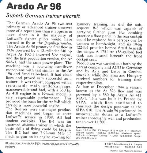 1977 Edito-Service World War II - Deck 110 #13-036-110-21 Arado Ar 96 Back