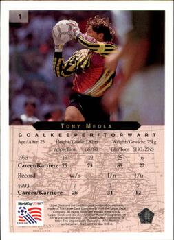 1994 Upper Deck World Cup Contenders English/German #1 Tony Meola Back