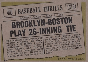 1961 Topps #403 Brooklyn-Boston Play 26 Inning Tie Back