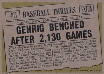 1961 Topps #405 Gehrig Benched After 2,130 Games Back