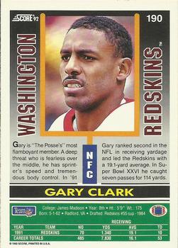 1992 Score #190 Gary Clark Back