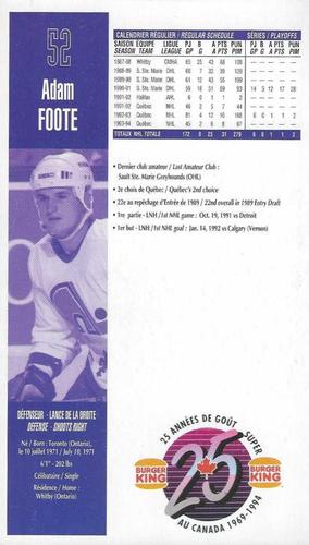 1994-95 Burger King Quebec Nordiques #NNO Adam Foote Back