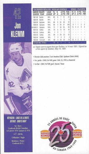 1994-95 Burger King Quebec Nordiques #NNO Jon Klemm Back