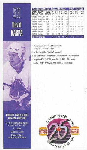 1994-95 Burger King Quebec Nordiques #NNO David Karpa Back